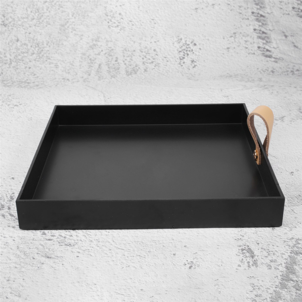 Exogio Square Pu Leather Serving Tray Decorative Dish Cosmetics Sundries Desktop Storage Plate With Handle(Black)