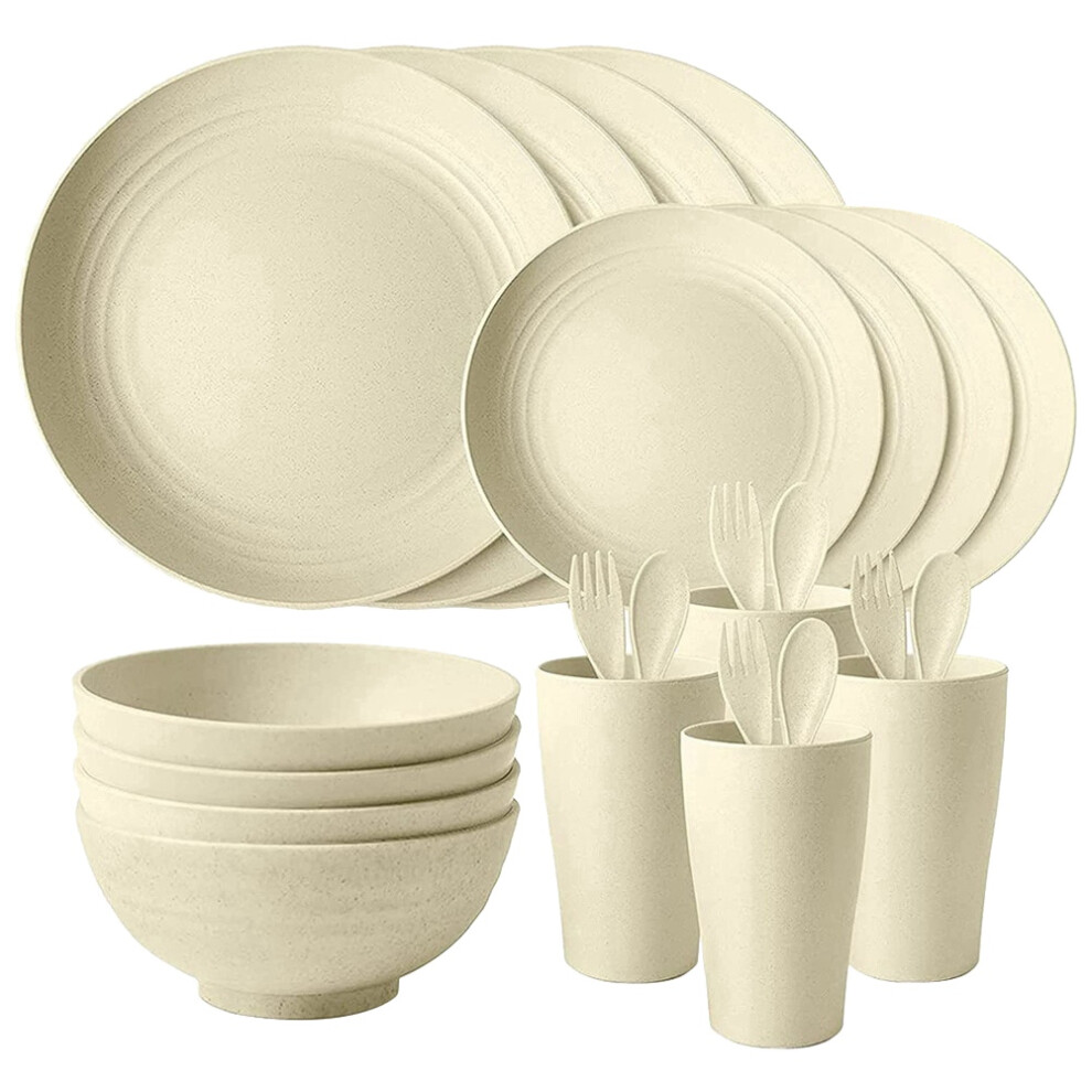 Dinner Sets, Camping Tableware Dinnerware Sets Of 4 (28Pcs), Picnic Party Plate Mug Cutlery Set, Beige Exogio