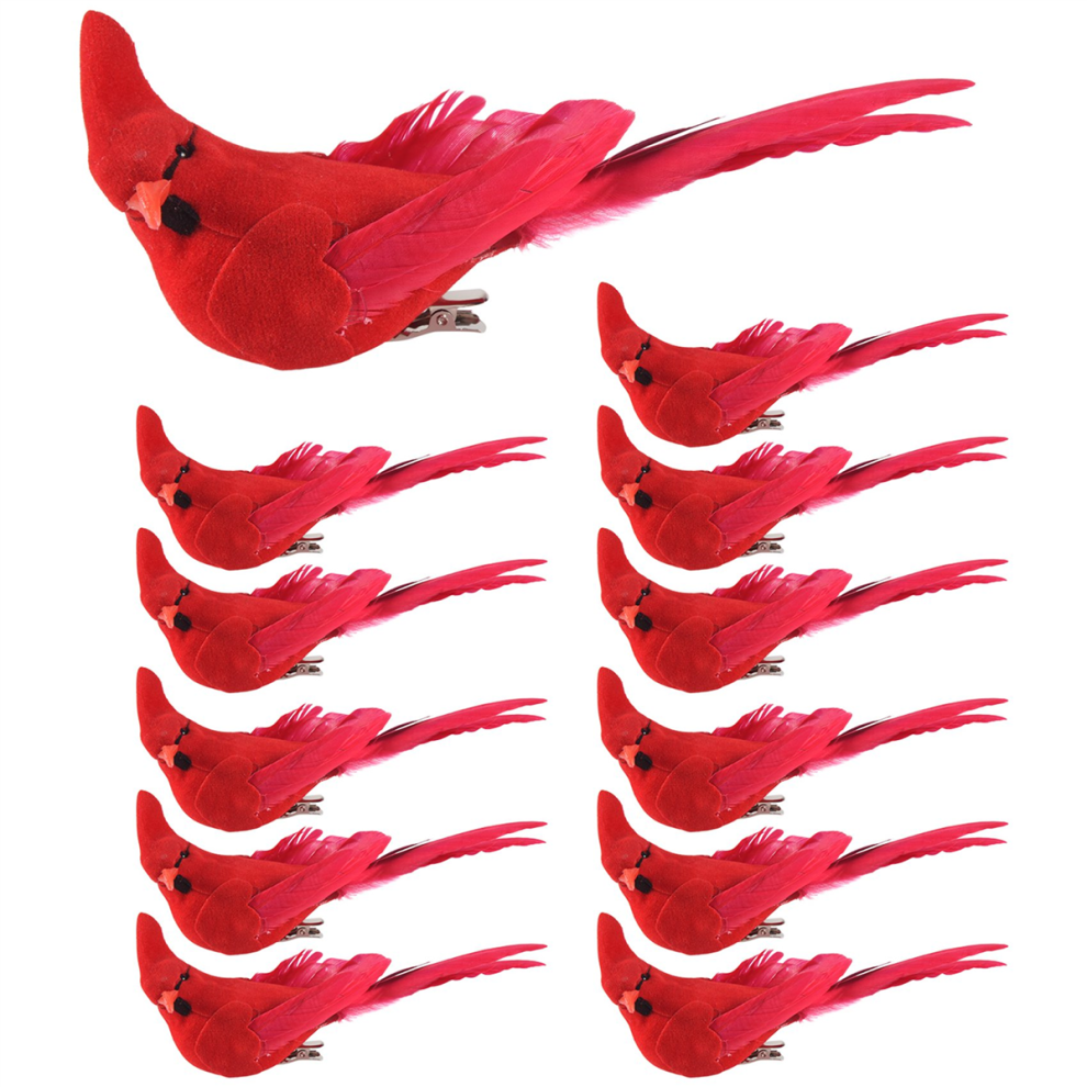 12Pcs Clip-On Artificial Christmas Ornaments Feathe Bird Xmas Red Exogio