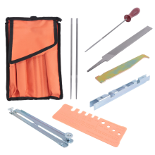 Kit di 10 lime per affilare motoseghe, manico in legno, lime, calibro di profondità, lime rotonde, guida per affilare le lame delle motoseghe