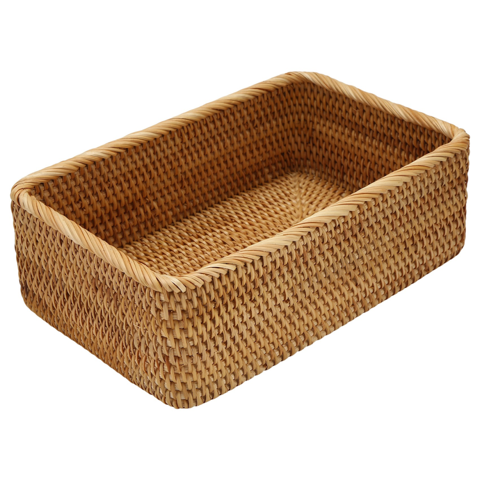 Exogio Hand-Woven Rectangular Rattan Wicker Basket Fruit Tea Snack Bread Picnic Cosmetic Storage Box Kitchen Household Tools-L