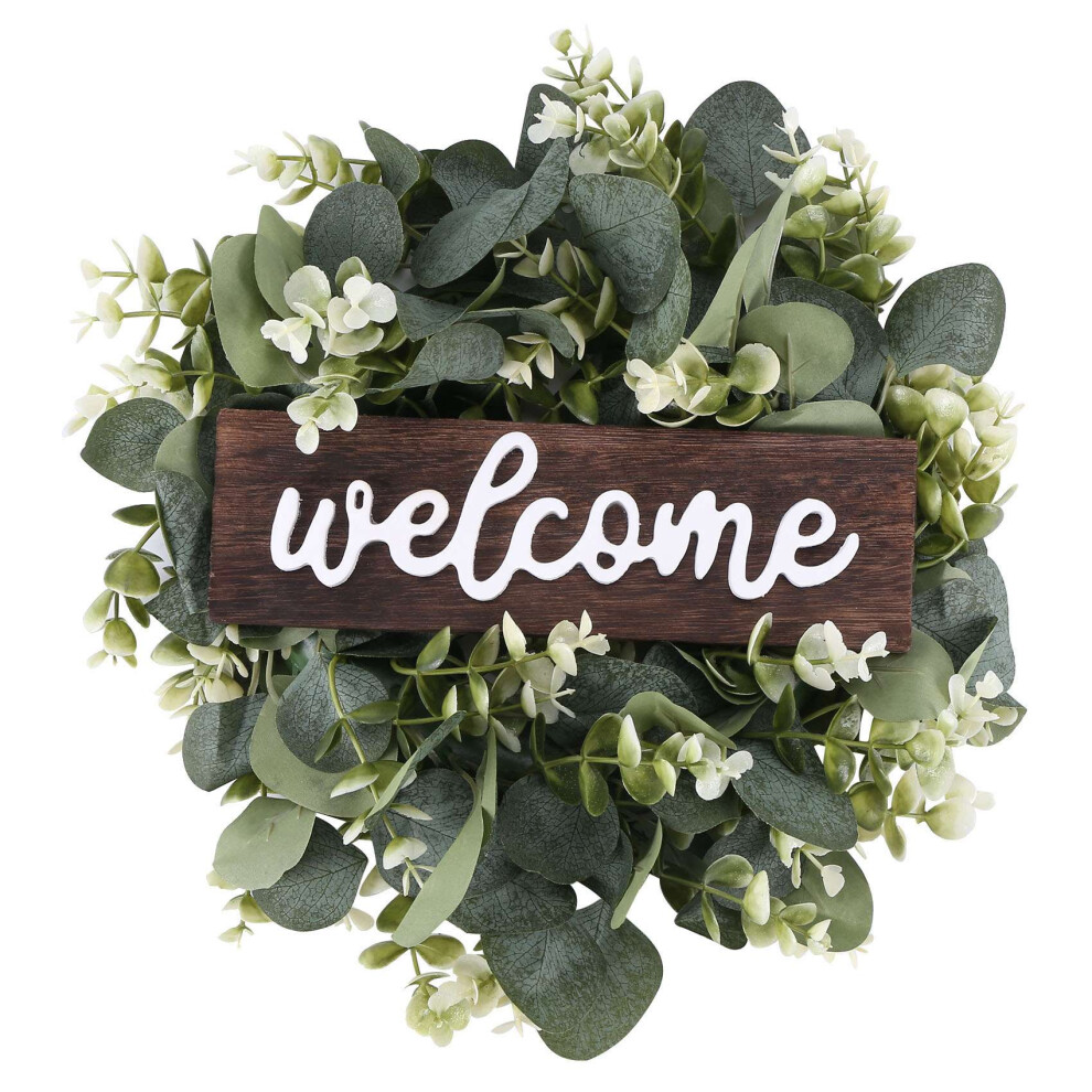 Exogio Welcome Sign With Garland Door Decoration Wooden Hanging Artificial Eucalyptus Farmhouse Porch