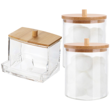Aufbewahrungsbox für Wattestäbchen mit Bambusdeckel, Badezimmerbehälter, Ball-/Tupferspender, Glas