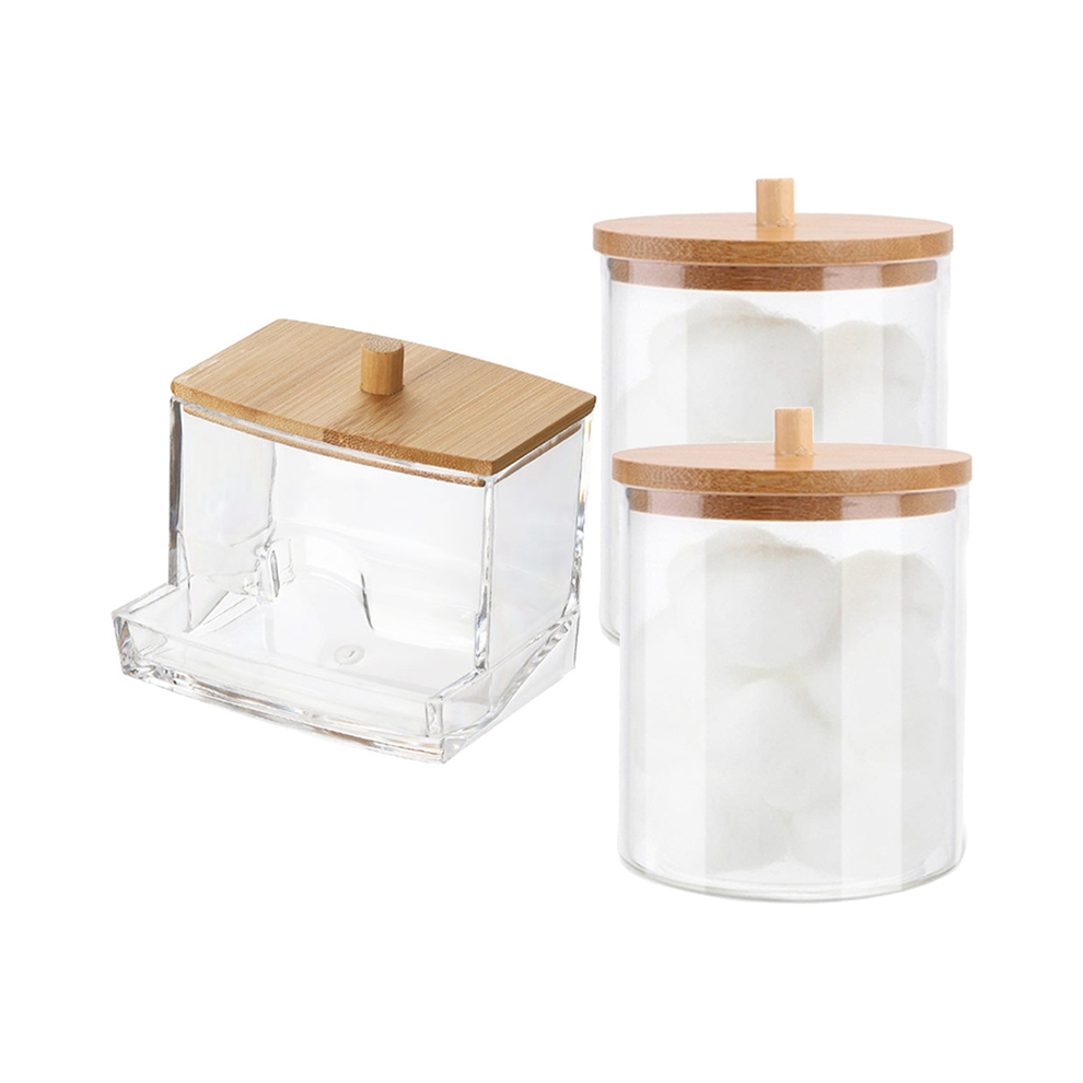 Cotton Swab Storage Box With Bamboo Lid Bathroom Container, Ball/Swab Dispenser, Jar Exogio