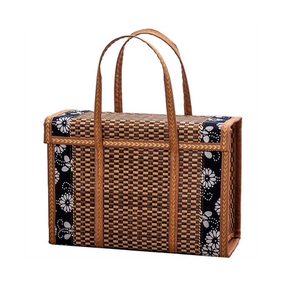 Exogio Picnic Woven Basket Wicker Storage Bag Handle Folded Fruit Shopping Food Rattan Grass Foldable Bamboo