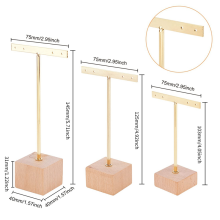 3Pcs Gold Metal Bar Earring Display Stand with Wooden Square Base 4 Holes Jewelry Holders Hanging Organizer