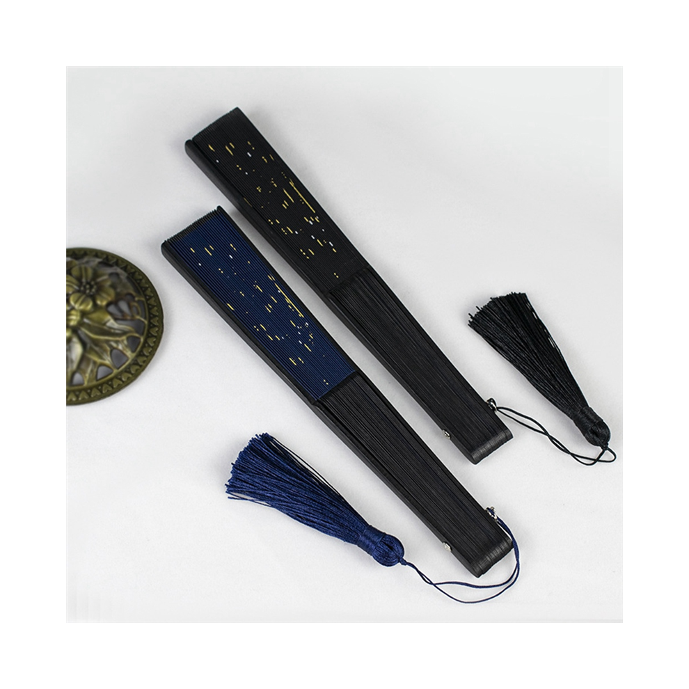 Classic Starry Silk Folding Fan,Chinese Japanese Fabric Bamboo Dance Hand Fan (Black) Black 4852799910482