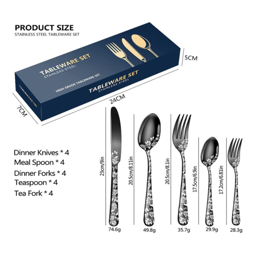 20-Piece Set, Stainless Steel Silverware Cutlery Set for 4, Pattern Design, Includes Dinner Knives 1