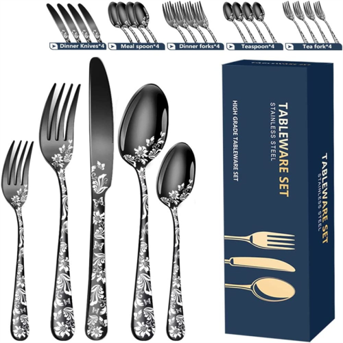 20-Piece Set, Stainless Steel Silverware Cutlery Set for 4, Pattern Design, Includes Dinner Knives 2