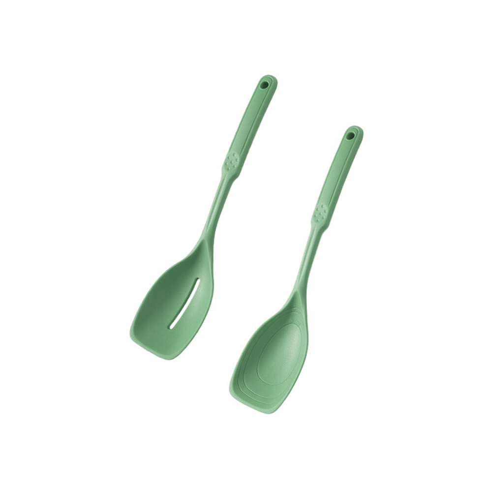 Exogio Green Silicone Cooking Spoon,Non-Stick Slotted And Solid Spoon Set With Deep Bolw Measurement Mark, Kitchen Utensils