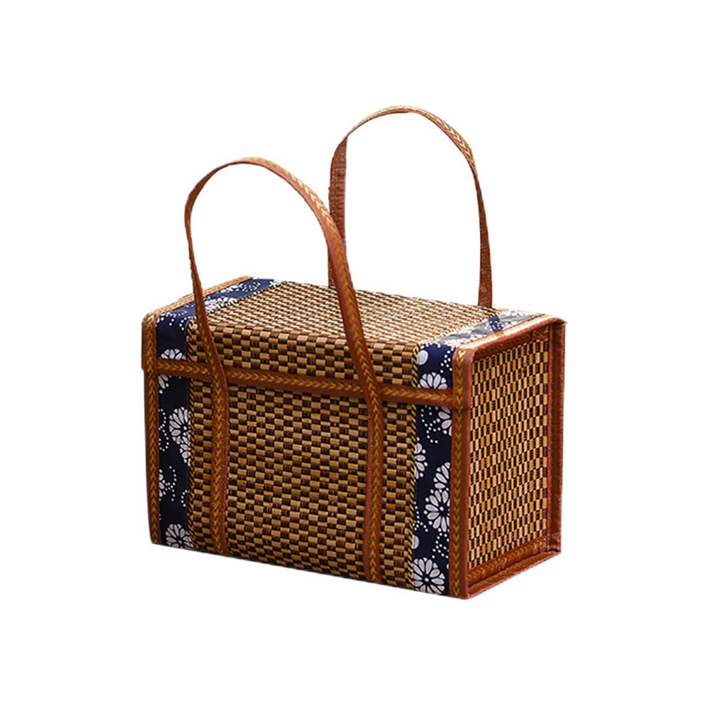 Exogio Picnic Woven Basket Wicker Storage Bag Handle Folded Fruit Shopping Food Rattan Grass Foldable Bamboo B