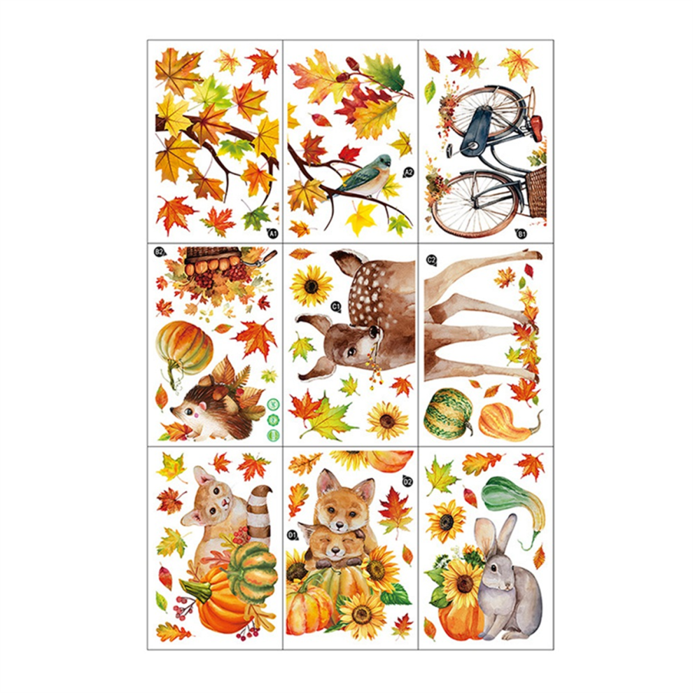 Fall Window Cling Sticker, Thanksgiving Autumn Harvest Animal Pumpkin Leaves For Party Supplies Glass Decoration 4852799945583
