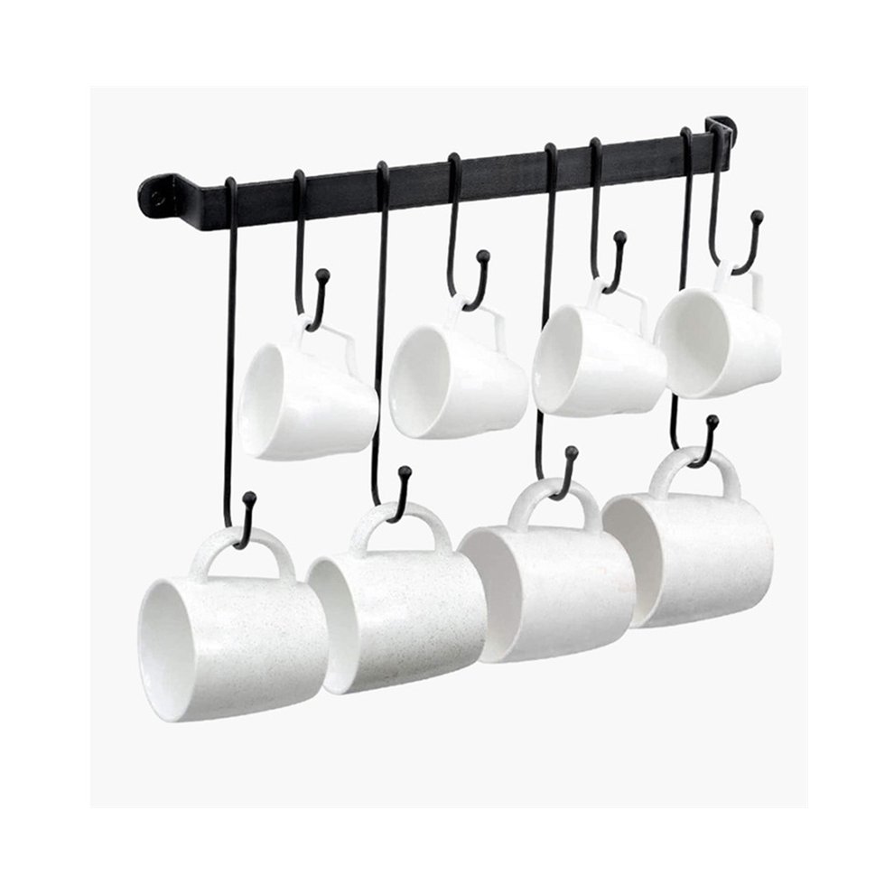 Exogio Coffee Mug Holder For Wall: 17-Inch Black Bar Cup Hanger Hooks - Hanging Rack Storage Organizer 2Pcs