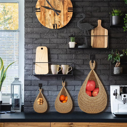 Hanging Fruit Basket for Kitchen, Boho Baskets Organizing, Wall Vegetable Baskets, Handwoven 2
