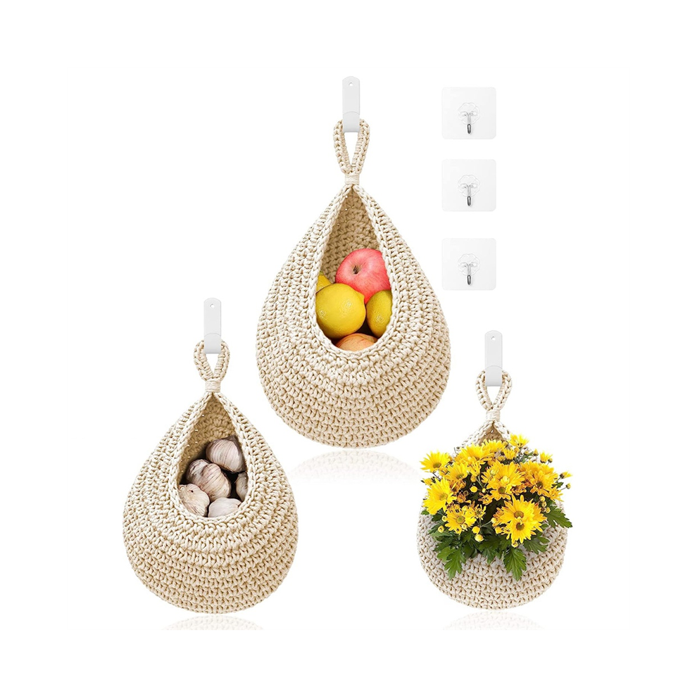 Hanging Fruit Baskets For Kitchen - 3Pack Boho Wall Basket With 6Pcs Hooks Fruits Vegetable Potato Storage 4852799954332