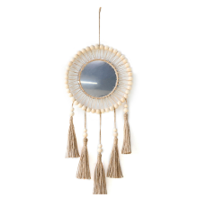 Wall Mirror Hanging with Wood Beads Fringe Handmade Round Decoration Boho Antique
