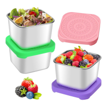 Contenitori per snack in acciaio inossidabile da 3 pezzi da 6 once, contenitori con coperchi in silicone, portapranzo a prova di perdite 304