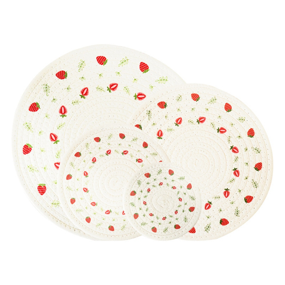 4Pcs Thicken Round Cotton Woven Insulation Pad Table Mat Printed Placemat Cup Coaster,Strawberry Exogio