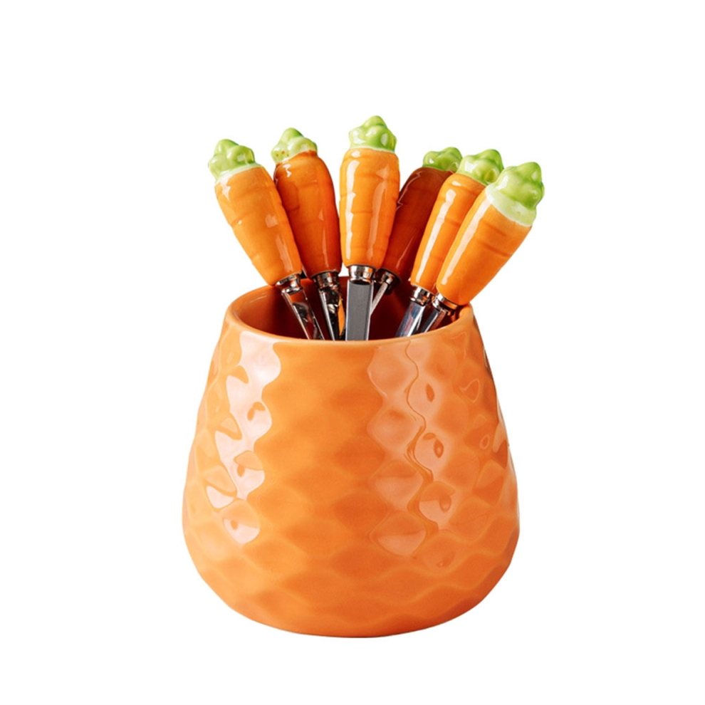 Exogio Cute Ceramic Jar Fruit Fork Set 304 Stainless Steel Cake Home Party Dessert Storage Child Tableware A