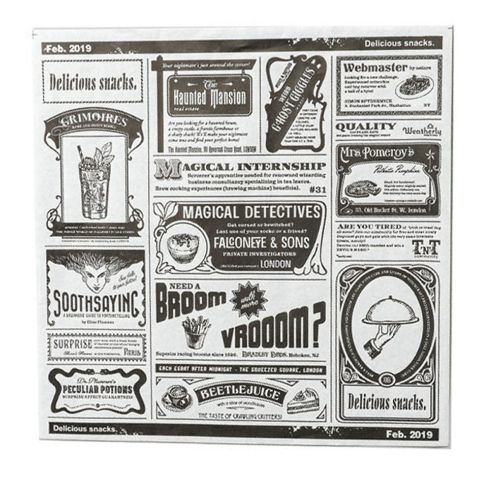 200Pcs English Newspaper Greaseproof Paper Snack Oil-Absorbent French Fries Sandwich Wrapping Paper, White Exogio