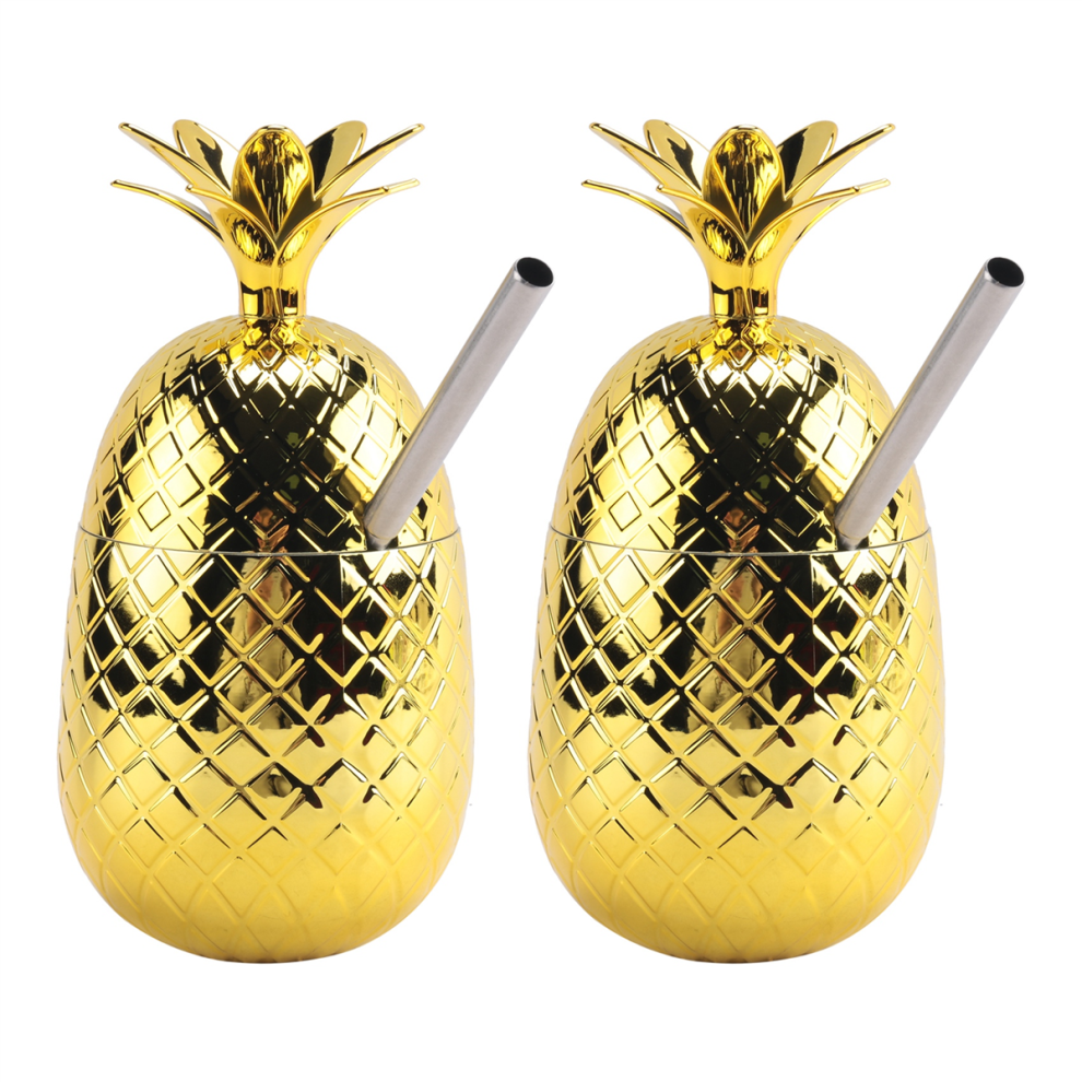 Exogio Gold 2 Pack Pineapples Drink Cups, 450Ml Tumbler With Stretched Straw, Hawaiian Luau Party Cups