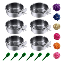 6 Pieces Stainless Steel Bird Feeding Dish Cups, Parrot Feeder Parakeet Food Water Bowls with Clamp Holder & Spoon