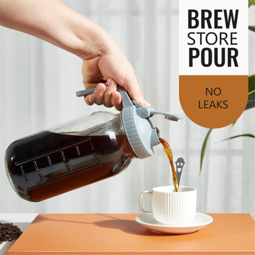 Cold Brew Coffee Maker Jar 64Oz, Thick Glass Pitcher Flip Cap Spout Lid with Handle 1