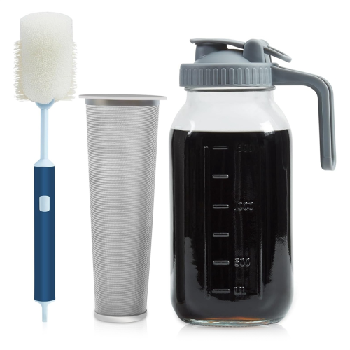 Cold Brew Coffee Maker Jar 64Oz, Thick Glass Pitcher Flip Cap Spout Lid with Handle