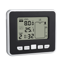 Drahtloser Ultraschall-Wassertank-Flüssigkeitsstandsmesser mit Temperatursensor-Monitor, Zeitanzeige, Alarm bei niedrigem Batteriestand