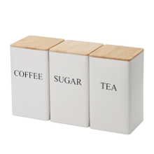 Stück dreiteilige versiegelte Dosen, einfacher Stil, Bambusdeckel, Eisen, Teedose, Snack-Aufbewahrung, Kaffeebohnen, quadratische Dose, weiß