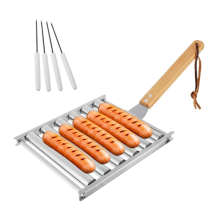 Rullo per hot dog, rullo per salsicce in acciaio inox con manico in legno, griglia per barbecue per una cottura uniforme