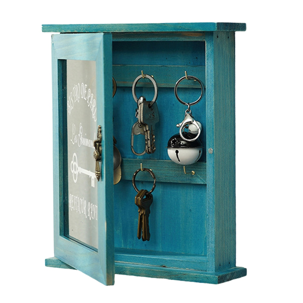 Wooden Key Box, Retro, Wall, Cabinet With Magnetic Door, Solid Wood Storage 6 Hooks-A Blue 4852872860352