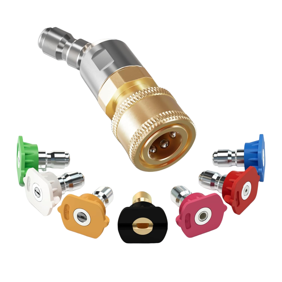 Quick Pivoting Coupler Attachment+7 Pressure Washer Nozzle Tips,1/4 Inch Connector With 360 Rotation Angle Exogio