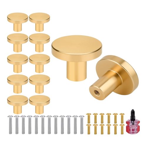 12-Pack Gold Cabinet Knobs - Brushed Hardware, Dresser Drawer Knobs, Hardware with Screwdriver