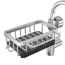 Halter über dem Wasserhahn, Küchenspüle, Organizer, Space Aluminium, abnehmbares hängendes Abflussregal mit Haken, Silber