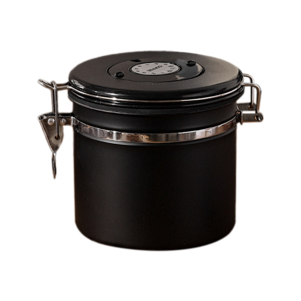 Coffee Canister Airtight Bean Container With Date Tracker Stainless Steel Kitchen Storage Box 1.2L Black Exogio