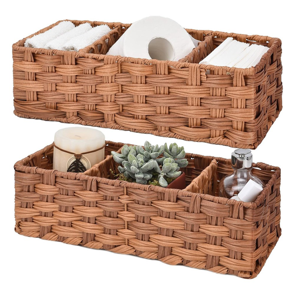 Exogio Bathroom Toilet Organizer,Back Of Storage Basket,Waterproof Baskets For Tank 3 Section 2Pack Brown