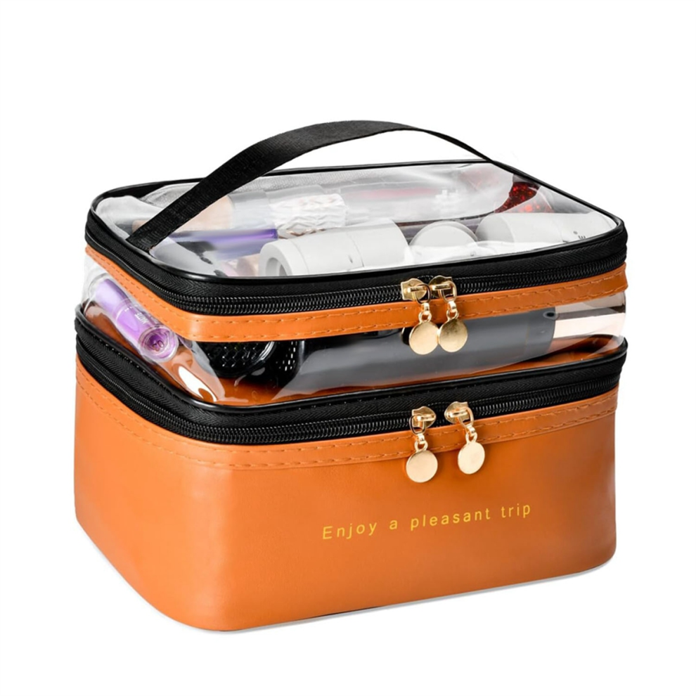 Exogio Large Layer Travel Makeup Bags,Clear Bag Organizer Skincare Brown