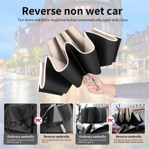 Fully Automatic Reverse Folding Umbrella with Windproof Reflective Stripe UV Umbrellas for Carabiner Handle Travel,B 2
