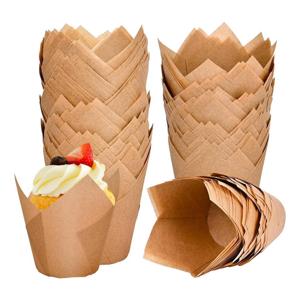 Exogio 120 Counts Natural Tulip Cupcake Liners For Baking Cups, Parchment Paper Muffin Holders,