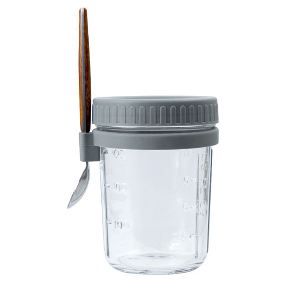 Exogio Grey 1Pcs Breakfast Cup Container Airtight Oatmeal Jar With Cover And Spoon Portable For Salads Cereal