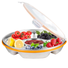 Divided Serving Tray with Lid - Reusable Veggie and Dip Snack Platter 6 Compartments 10inch 60oz