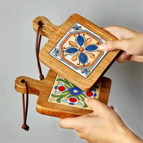 Solid Wood Tile Insulation Pot Mats, Home Retro Placemats, High Temperature Resistant Kitchen Table Mats Coasters A 2