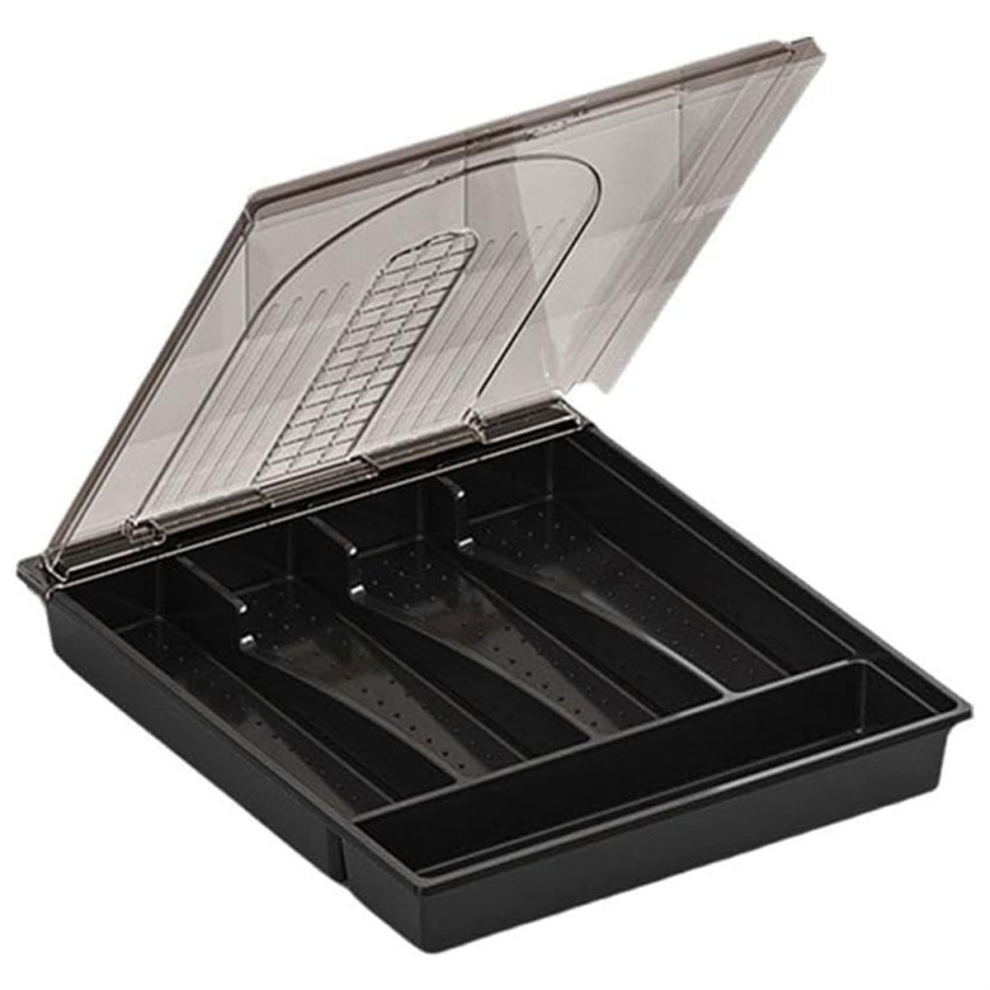 Exogio Organizer With Lid,Plastic Cutlery And Flatware Storage Box, Compartments Covered Utensil Tray For Kitchen Drawer B