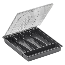 Organizer mit Deckel, Aufbewahrungsbox aus Kunststoff für Besteck und Essbesteck, Utensilienablage mit Fächern und Abdeckung für Küchenschublade A
