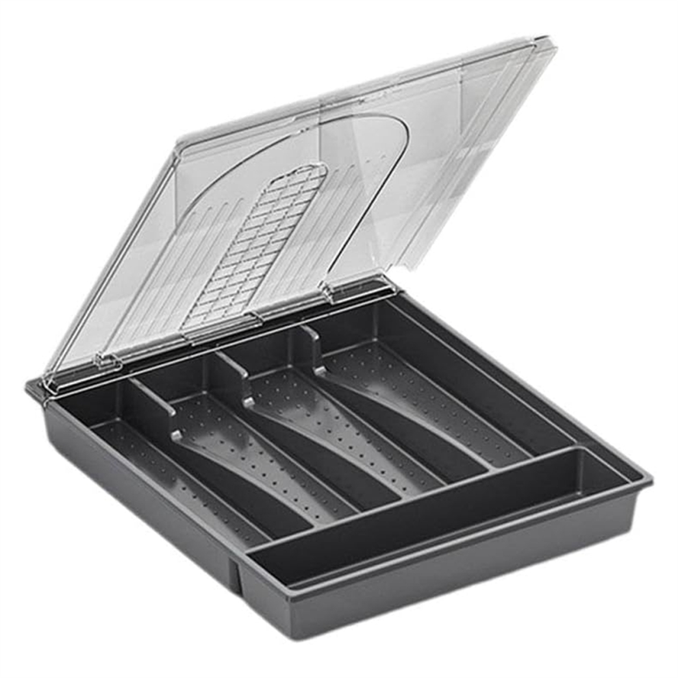 Exogio Organizer With Lid,Plastic Cutlery And Flatware Storage Box, Compartments Covered Utensil Tray For Kitchen Drawer A