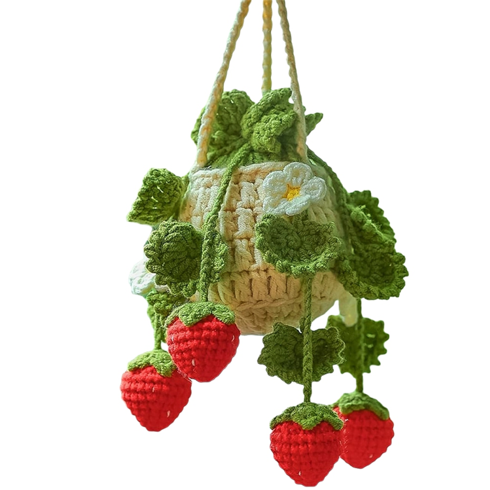 Car Plant Crochet Hanging Basket, Strawberry Pendant, Rearview Mirror Ornament Pendant Green 4852752486719