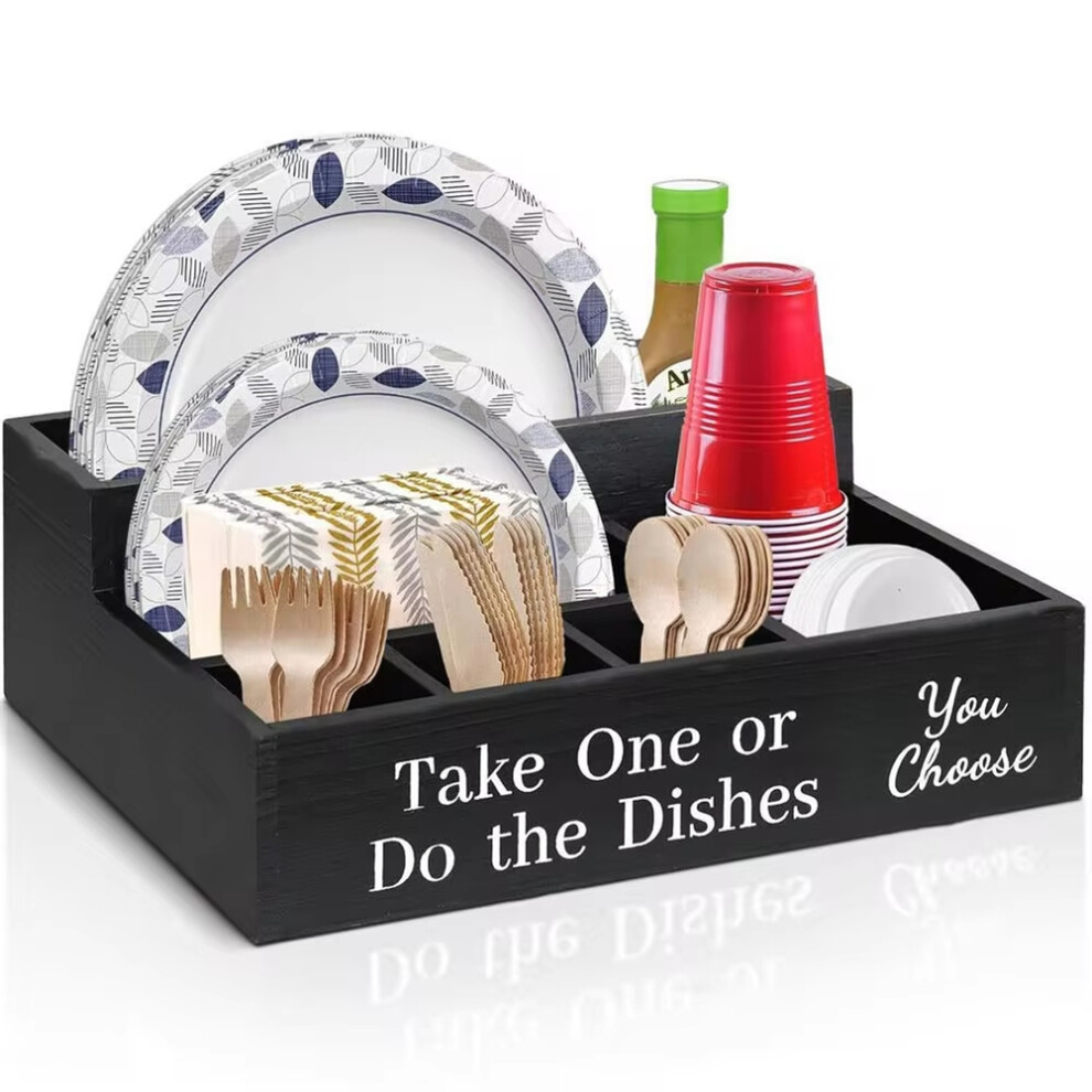 Exogio Farmhouse Rustic Wooden Plate Cup Napkin Dispenser Box Paper Organizer Portable Picnic For Cups Forks Spoon Plates