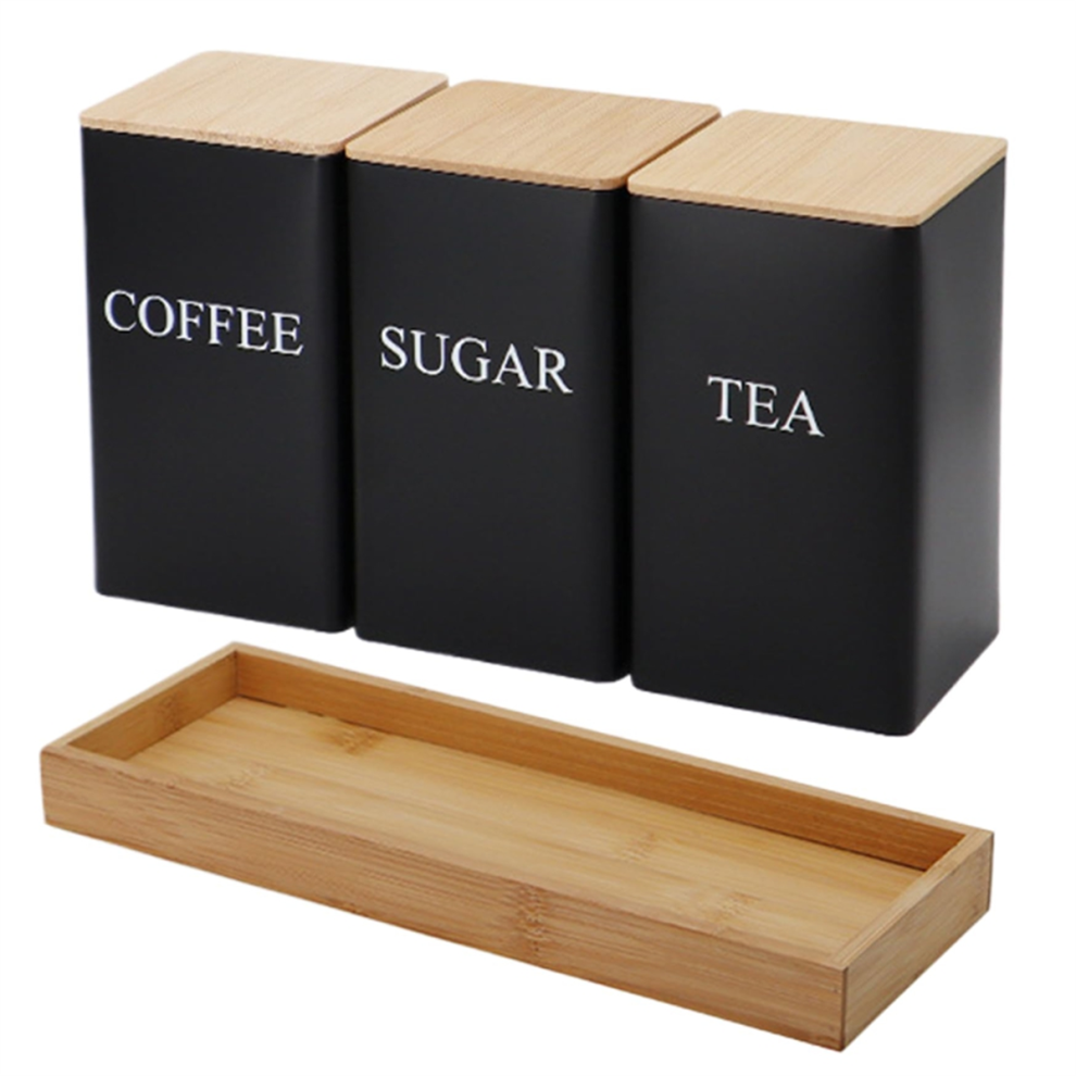 Exogio 3Pcs Set Tea Coffee Sugar Canister With Tray Iron And Jars Bamboo Lid Containers A