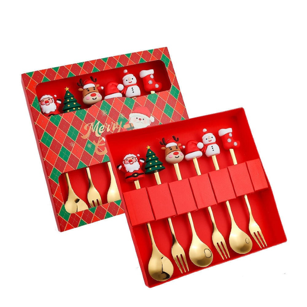 6Pcs Christmas Fork And Spoon Set,Stainless Steel Tableware,Coffee Tea Dessert Forks Spoons Set Exogio